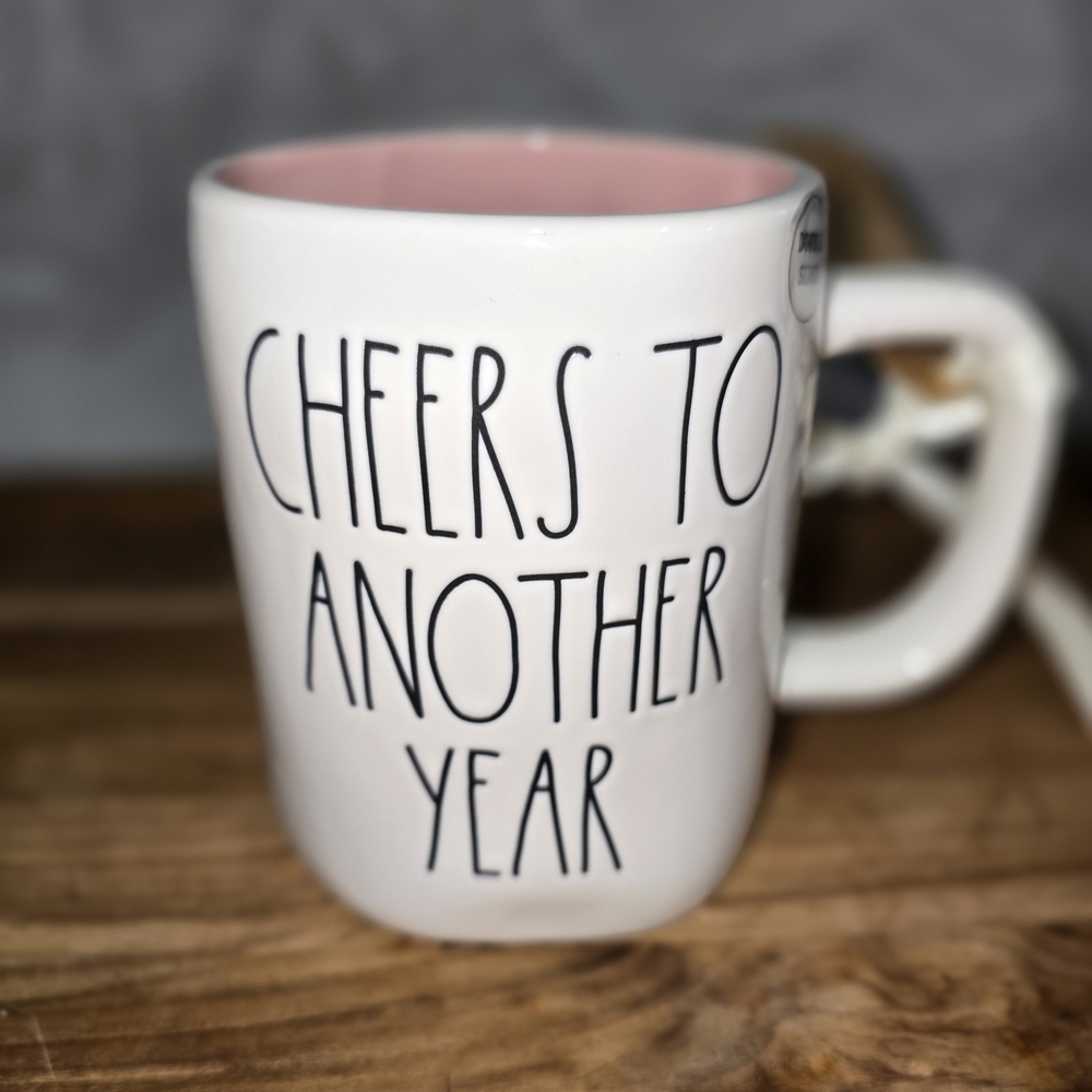 Rae Dunn Cheers to Another Year Mug with Pink Interior